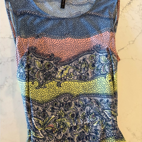 BCBGMaxAzria Blue Multi-Stripe Asymmetrical Cap Sleeve Dress - Picture 4 of 7